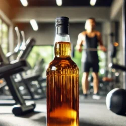 DALL·E-2024-06-23-18.29.23-A-bottle-of-alcohol-in-the-gym-in-focus.-The-scene-is-set-on-a-hot-summer-day-highlighting-the-contrast-between-the-physical-exertion-of-working-out-